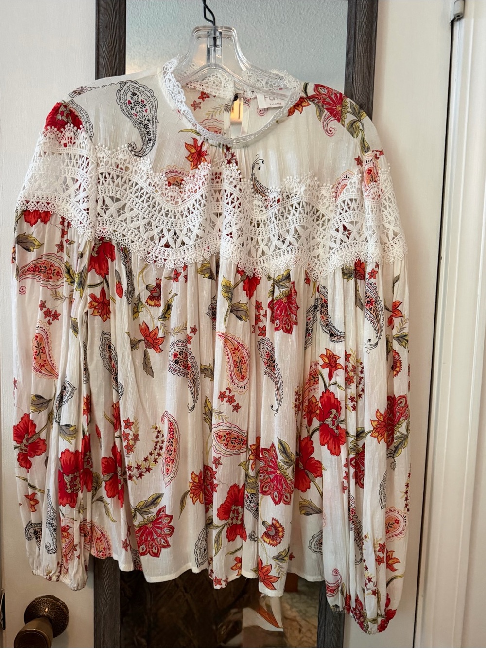 Boutique Fate White Floral Paisley Blouse with Lace Yoke - Red & Green